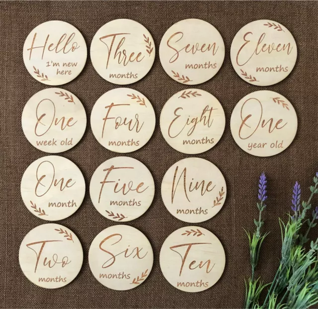 Wooden Milestone Cards Newborn Baby Shower Gift Month Cards Round Wood 14 Discs