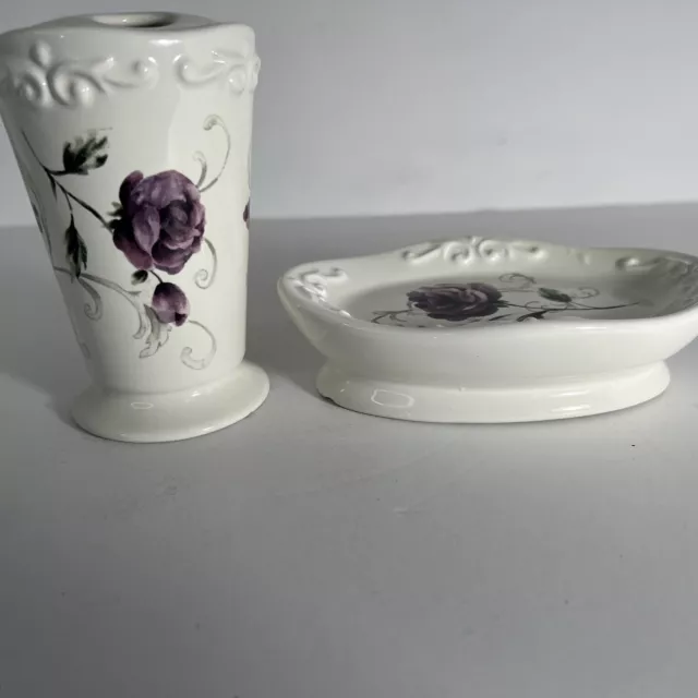 Jubilee Bordeaux Purple Rose Floral  Ceramic Toothbrush Holder & Soap Dish