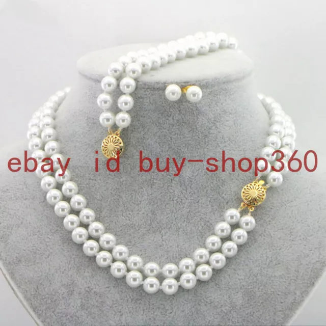 New 2 Row 8mm South Sea White Shell Pearl Gemstone Necklace Bracelet Earring Set