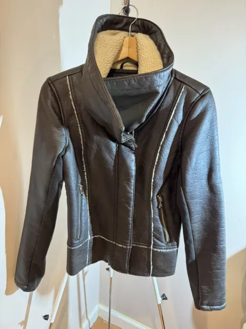 Sam Edelman Caitlyn Aviator Brown Jacket Sherpa Trim Faux Leather S Lightly Worn