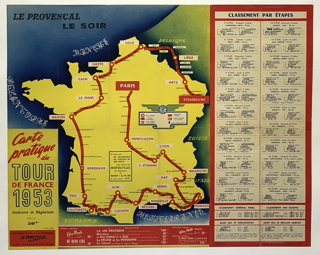 Carte Parcours Tour De France 1955 - Document Vintage TDF - Rare