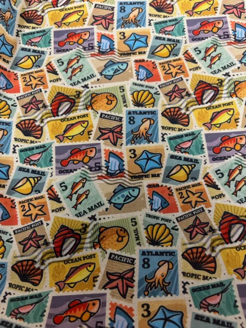 2.5 Metres Fun Stamps Fishes Sea Underwater Printed 100% Cotton Fabric.