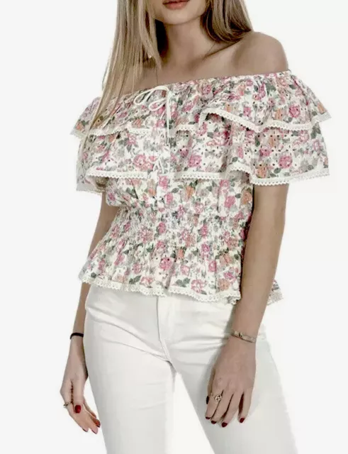 GUESS Isotta Cotton Eyelet Embroidered Floral-Print Top In Lovely Roses Size: M