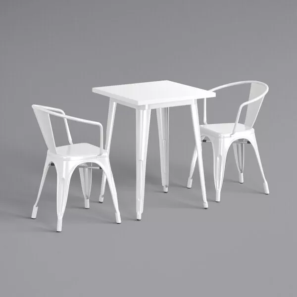 23.5'' Square White Metal Restaurant Table Set with 2 Armchairs For Outdoor Use