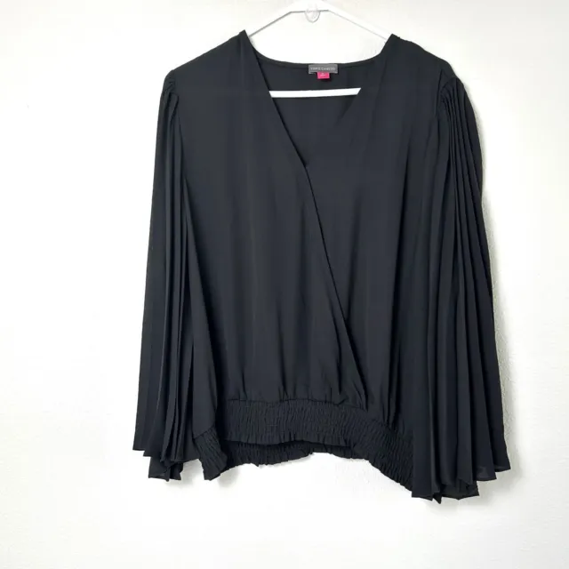 Vince Camuto Blouse Womens Size XL Black Long Pleated Sleeve Smocked V Neck NWT
