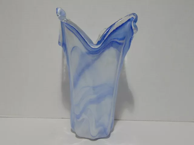 Art Glass Vase Blue And White Swirl Clear Edges 11 1/2"
