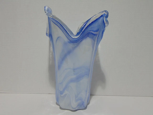 Art Glass Vase Blue And White Swirl Clear Edges 11 1/2"