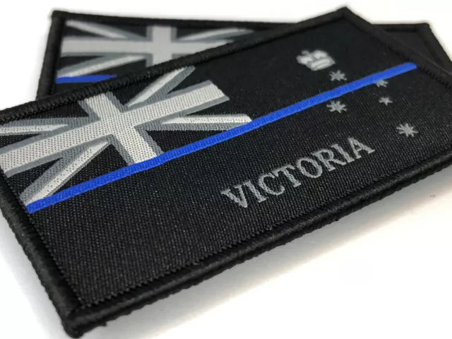 VIC Thin Blue Line, Woven Police Patch *, State Flag, Hooks Rear,TBL 3