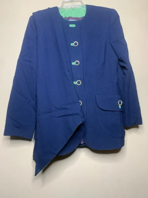 Albert Nipon Women's Size 4 Blazer Blue & Green Wool Button Front Long Sleeve