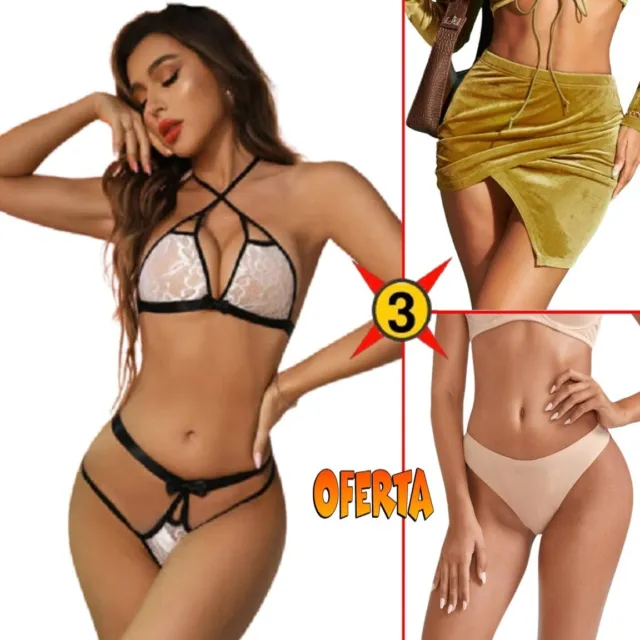 Falda Asimétrica Cruzada, Lencería Set De 3 Piezas, Tanga Liso, De Mujer, LOTE