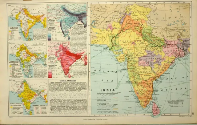 1909 Map India Rainfall Population Density Climate Industries Mysore Bombay