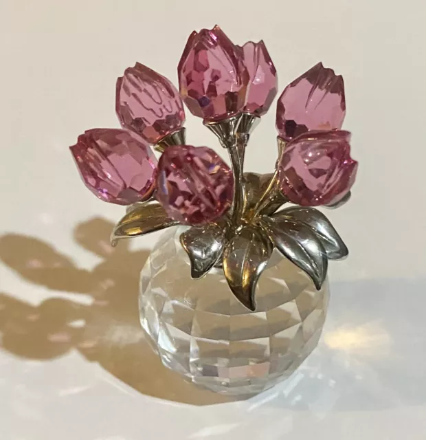 Swarovski Crystal Rose Tulips Rosaline Pink Figurine Vase Rhodium Stems 7 Flower