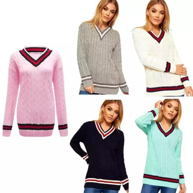 New WOMENS LADIES CABLE KNITTED V NECK CABLE CRICKET JUMPER PLUS SIZE UK 8 - 22