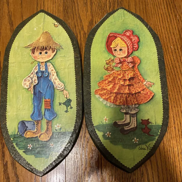 Edna Vierra Cartoon Colorful Wood Pictures Wall Hanging set of 2 - 14.5x6.75"