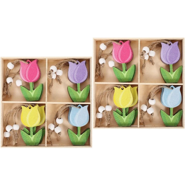 2 scatole legno a forma di tulipano pezzi ritagli di legno colorati ritagli di tulipani ciondolo
