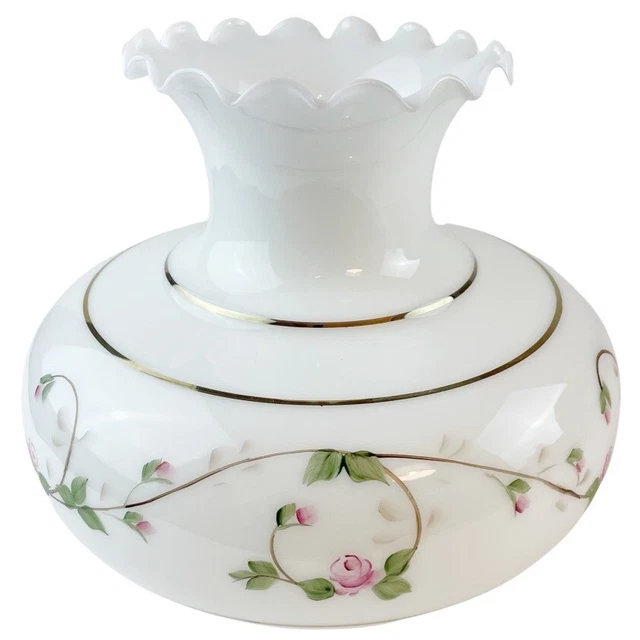 Vintage Milk Glass Hurricane Shade GWTW Hand Painted Rose Vine Ruffled 7” Fitter