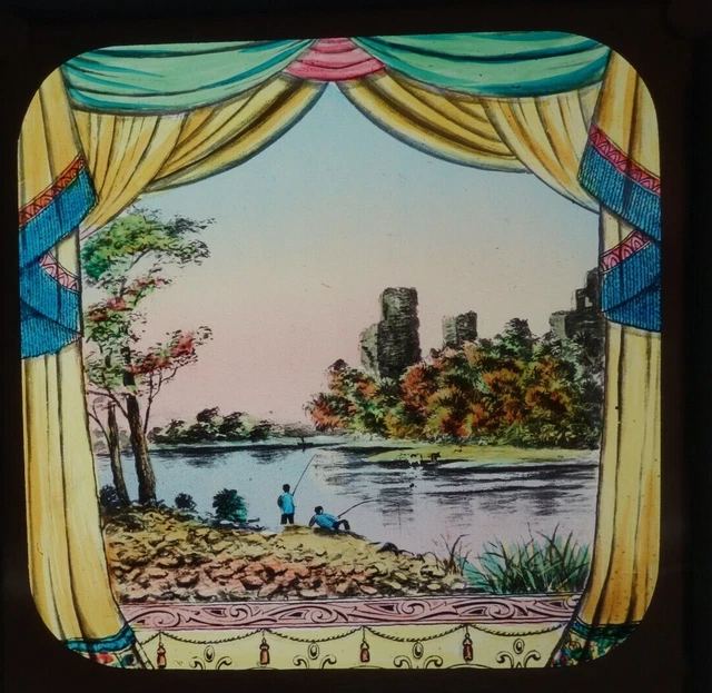 Glass magic lantern slide COLOURED DRAWING FISHERMAN BY CASTLE RUINS C1890