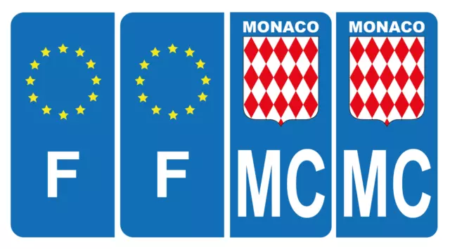 Lot de 4 Autocollants Plaque d'immatriculation MC Blason Monaco & F Europe