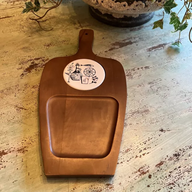 Vintage Mid Century Modern MCM Cheese Charcuterie Tile/Wood Board With Utensils