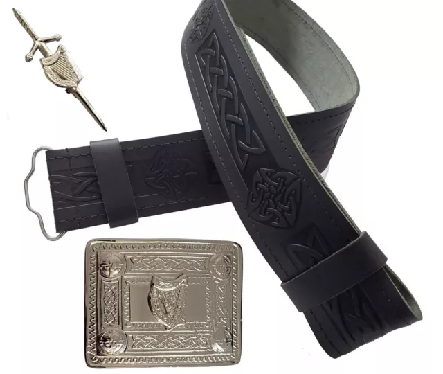 Embossed Leather Kilt Belt And Irish Harp Kilt Belt Buckle With Kilt Pin