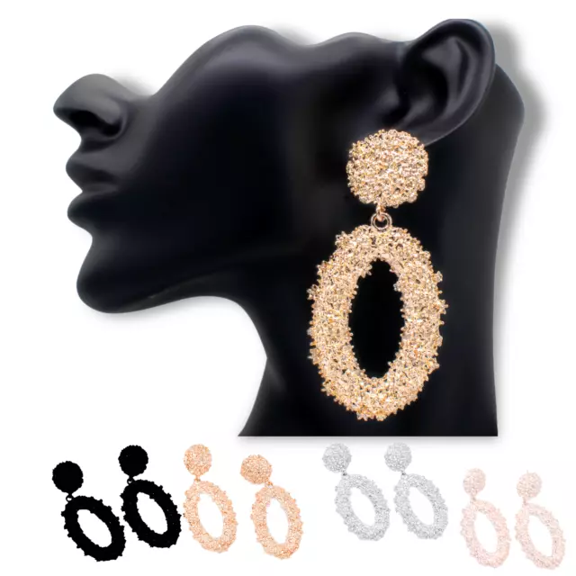 Gold Silver Black Earrings Oval Large Statement Metal Chunky Ear Dangle Boho