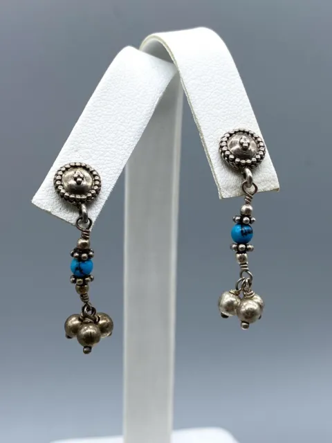 Natural Turquoise Beaded Gemstone Dangle Earrings 925 Sterling Silver