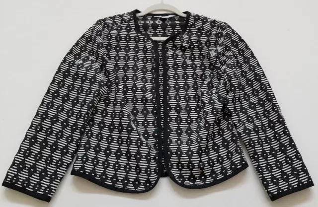 Old Navy Blazer Jacket Womens Medium M Black White Long Sleeve Jacquard Open Top