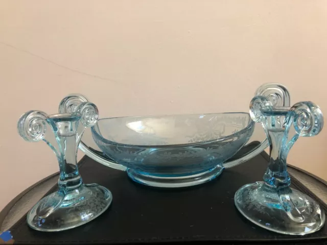 Fostoria June Azure Blue Grecian Scroll Console SET Bowl Candlesticks