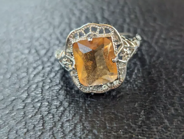 Large Sterling Silver 925 Faceted Citrine Filigree Cocktail Ring Sz 10.25 A2