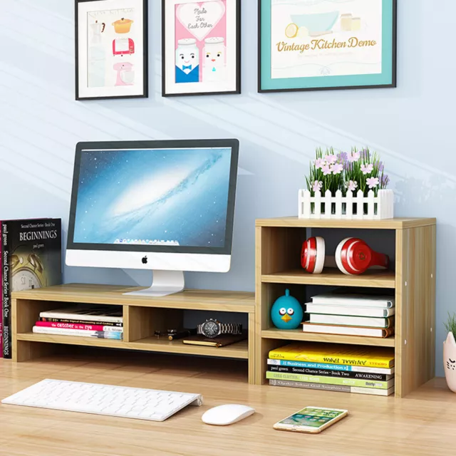 Wooden Desk Monitor Riser Stand With 3Tier Storage Shelves Desktop Bookshelf