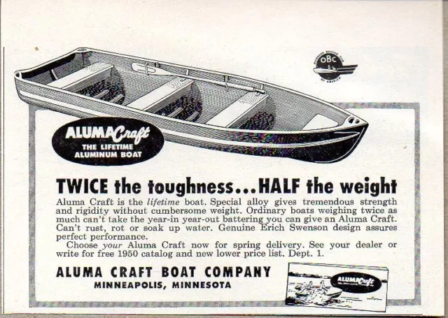 1950 Print Ad Aluma Craft Lifetime Aluminum Boats Minneapolis,MN