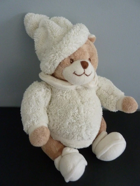 G11. DOUDOU PELUCHE BOULE BUKOWSKI DESIGN OURS BLANC ECRU BEIGE BONNET 26cms TBE