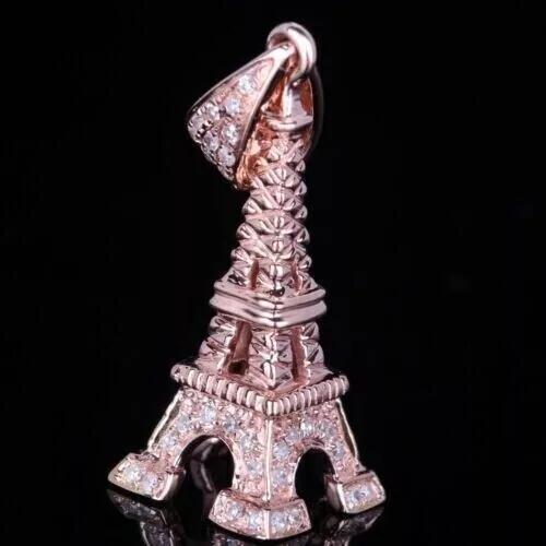 2Ct Round Lab Created Diamond Eiffel Tower Pendant 14k Rose Gold Plated Silver