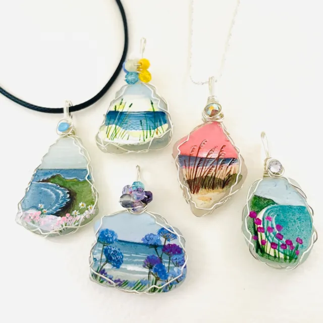 Beach themed sea glass necklaces - Hand painted crafted wire wrapped jewellery