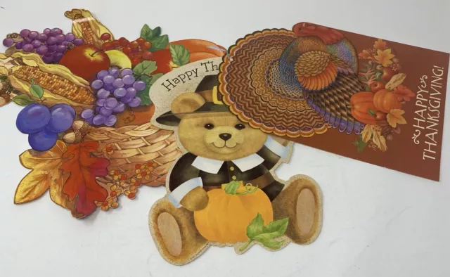 Thanksgiving Die Cut Outs by Hallmark Turkey Teddy Bear Cornucopia Lot Vintage