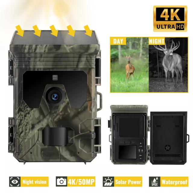 Solar Trail Camera 4K 50MP Wildlife Hunting Night Vision Rechargeable