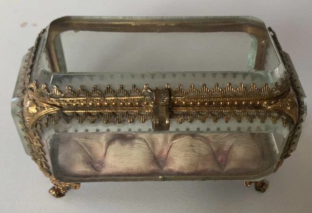 ANCIEN COFFRET BOITE A BIJOUX LAITON et VERRES BISEAUTES EUR 29,00