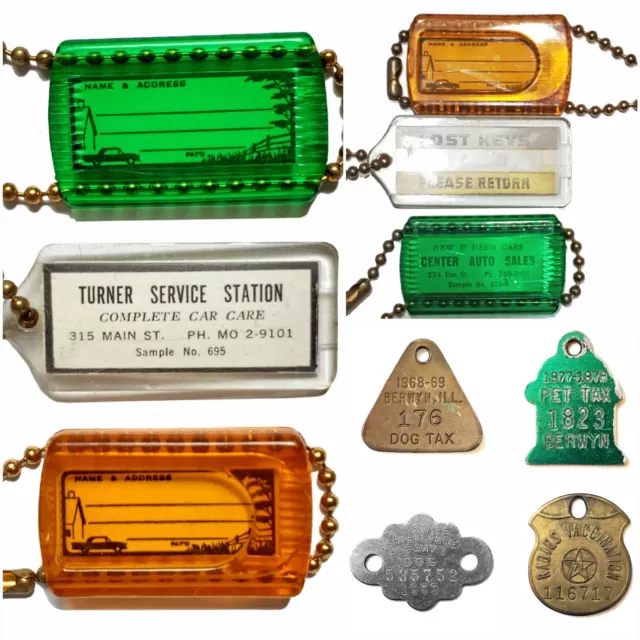 LOW $9.99 START! LOT: FANTASTIC VTG 1960s-70s KEY RINGS DOG TAGS