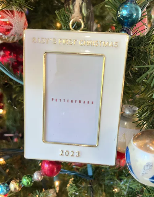 NWT Pottery Barn 2023 White Enamel Frame Ornament Babys First Christmas