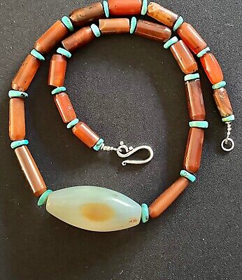 Idar Oberstein old carnelian trade beads & ancient white Banded agate Necklace.