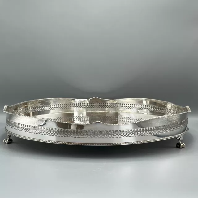 EXTRA LARGE Vintage Silver Plated Round Gallery Tray Drinks Cocktail Feet Butler