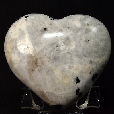 3" Rainbow Moonstone Puffy Heart w/Smoky Quartz Natural Feldspar Mineral - India