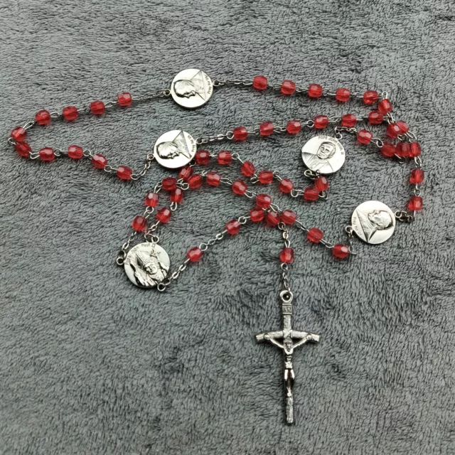 Pope John Paul II Rosary Red Bead Silver Tone Crucifix Necklace Jesus Catholic