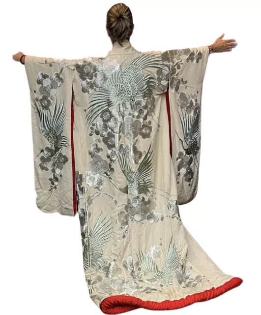 Vintage Japan Uchikake Silk Wedding Kimono Embroidered Crane Birds Silver Floral