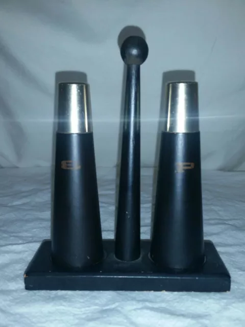 Vintage Retro Mid Century Modern Danish Wood Salt And Pepper Shakers In Stand