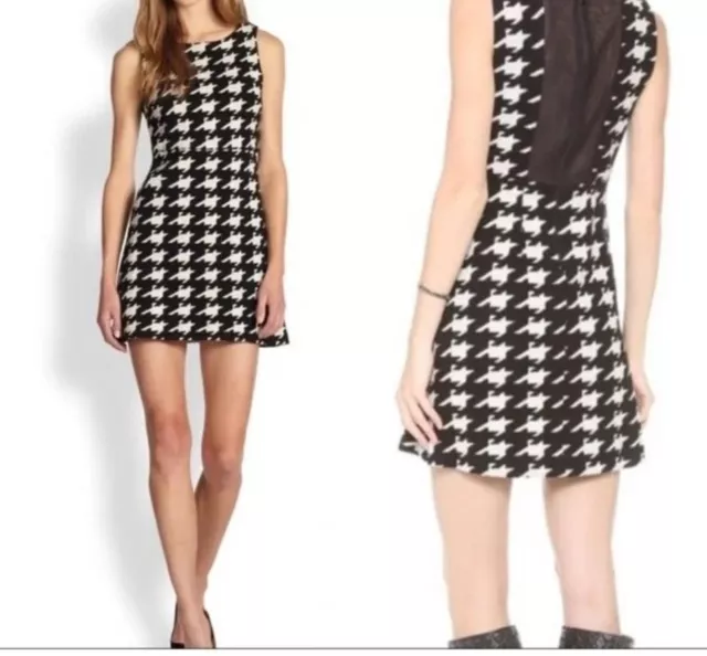 Alice & Olivia Everleigh Black/White Houndstooth Mini Dress w Sheer Back Size 12