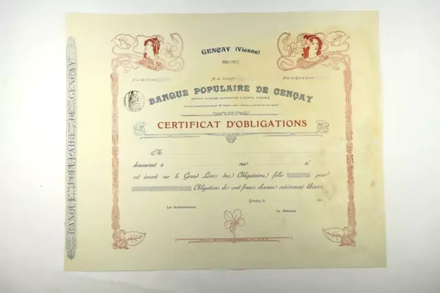 Banque Populaire De Gencay / Vienne Certificat D Obligations Non Emis Circa 1900