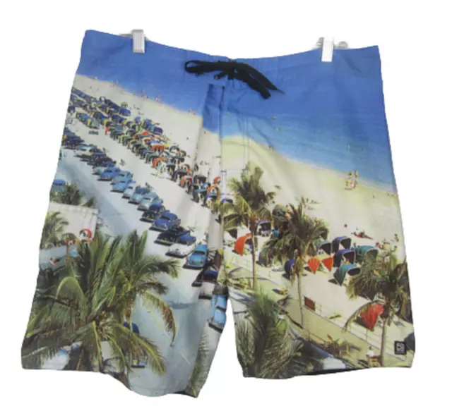 Distortion Men Board Shorts Swim Trunk Sublimation Print sz 36 cars on the beach