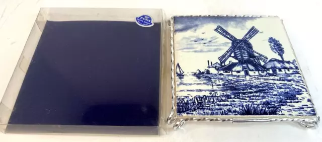 Vintage BOMA Delft Tile Blue & White Holland Dutch Sail Boat windmill