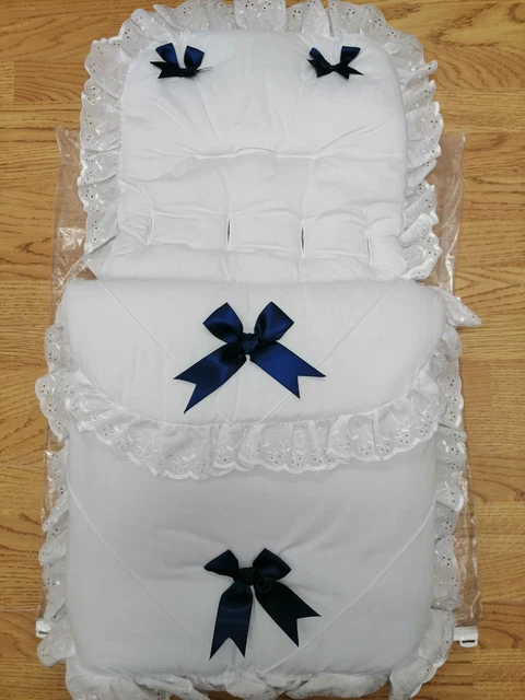 Baby girls / boys  White /nav Luxury Large Ribbon Foot Muff Cosy Toes Pram buggy